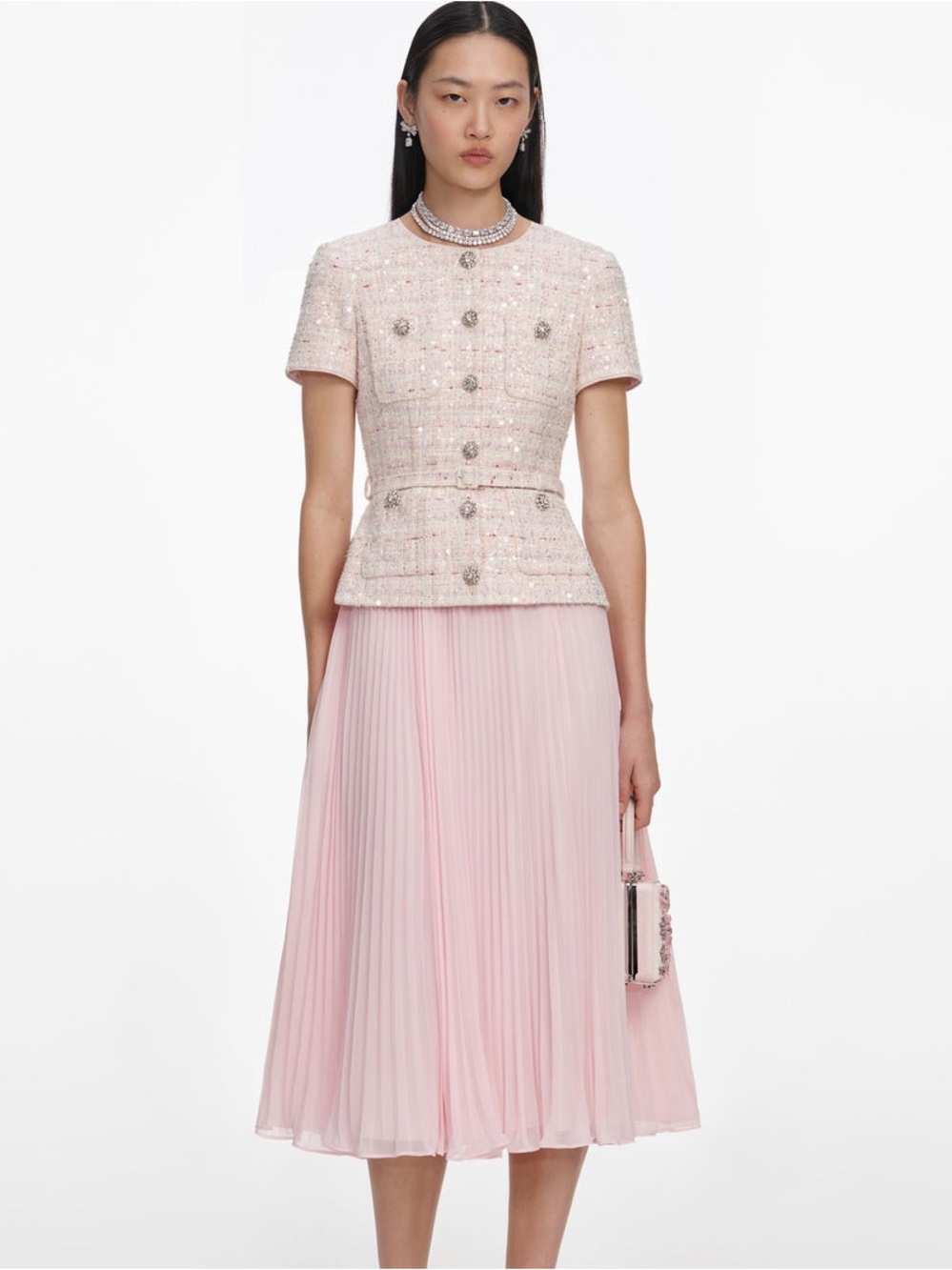 Self-Portrait NWOT PINK SEQUIN BOUCLE TAILORED MIDI DRESS - Picture 3 of 12